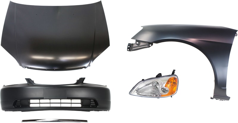 5-Piece Hood Panel Kit for 2001-2003 Honda Civic, Includes Bumper Cover, Fender, Headlight, and Hood Molding Replacement