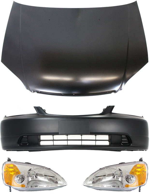 Honda Civic 2001-2003 Hood Panel for Coupe, 4-Piece Kit with Bumper Cover and Headlights, Replacement