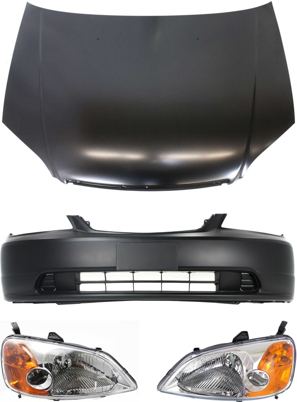 Hood Panel, Bumper Cover, and Headlights Kit for 2001-2003 Honda Civic, 4-Piece Replacement Set