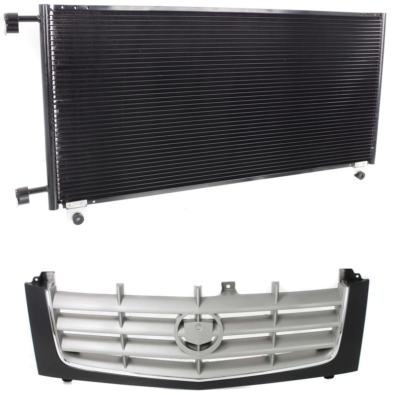 Grille Kit for 2002-2006 Cadillac Escalade/2003-2006 Escalade ESV, 2-Piece Paintable Shell and Cross Bar Insert, Chrome Insert Opening Molding, Plastic, with Air Conditioning Condenser Replacement