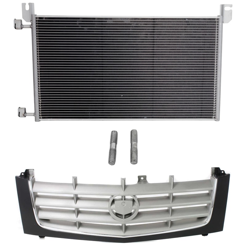 Grille Kit for 2002-2006 Cadillac Escalade/EXT, 2003-2006 Escalade ESV, 2-Piece Paintable Shell and Insert with Chrome Insert Opening Molding, Cross Bar Insert, Plastic, AC Condenser, Replacement