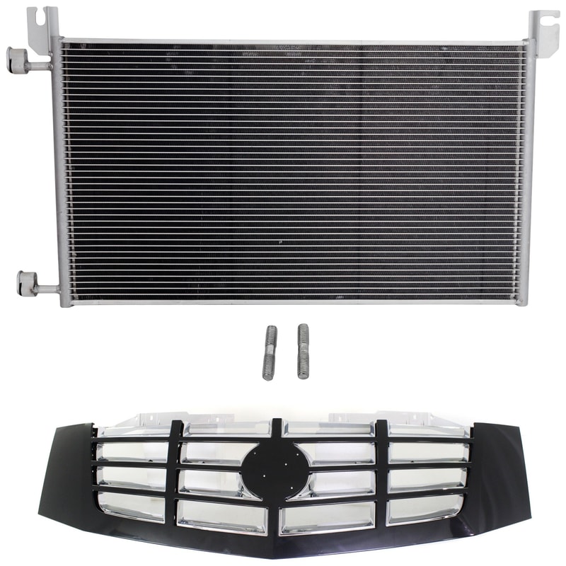 2-Piece Grille Set for Cadillac Escalade/Escalade ESV 2007-2014/Escalade EXT 2007-2013, Painted Black Shell with Chrome Insert, Plastic, Suitable for Vehicles with A/C Condenser, Replacement