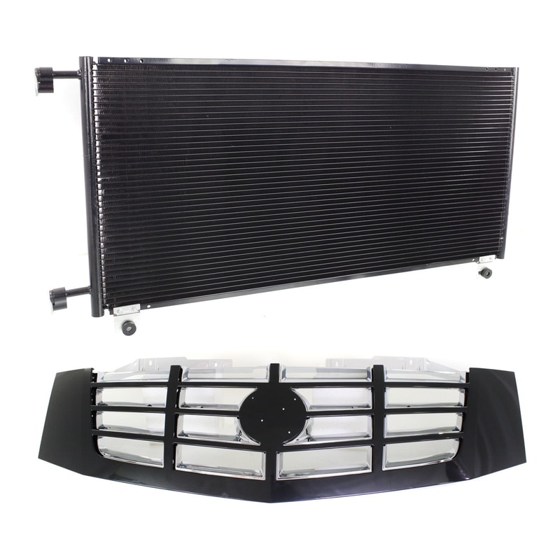 Grille Kit for 2009-2013 Cadillac Escalade ESV and 2009-2011 Escalade, 2-Piece, Painted Black Shell with Chrome Insert, Plastic, Includes A/C Condenser Replacement