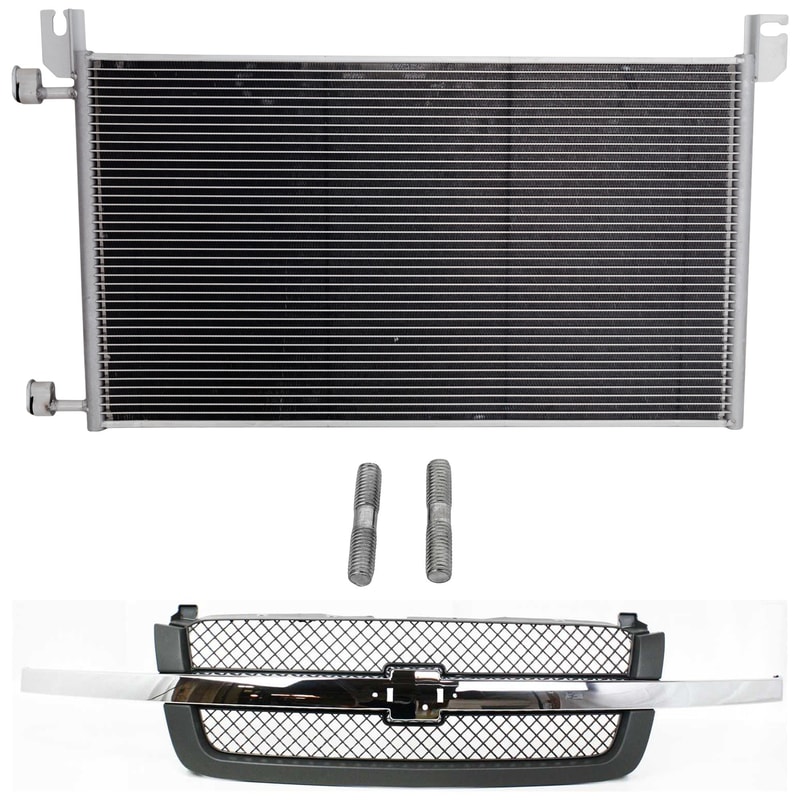 Textured Gray Grille with Chrome Center Bar and Mesh for 2003-2006 Chevrolet Silverado/Avalanche, 2-Piece Kit with Air Conditioning Condenser, Replacement