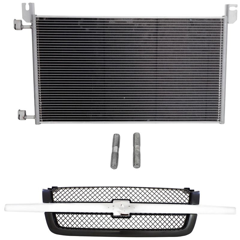 2-Piece Gray Mesh Grille for 2003-2006 Chevrolet Silverado with Chrome Center Bar and Air Conditioning Condenser Replacement