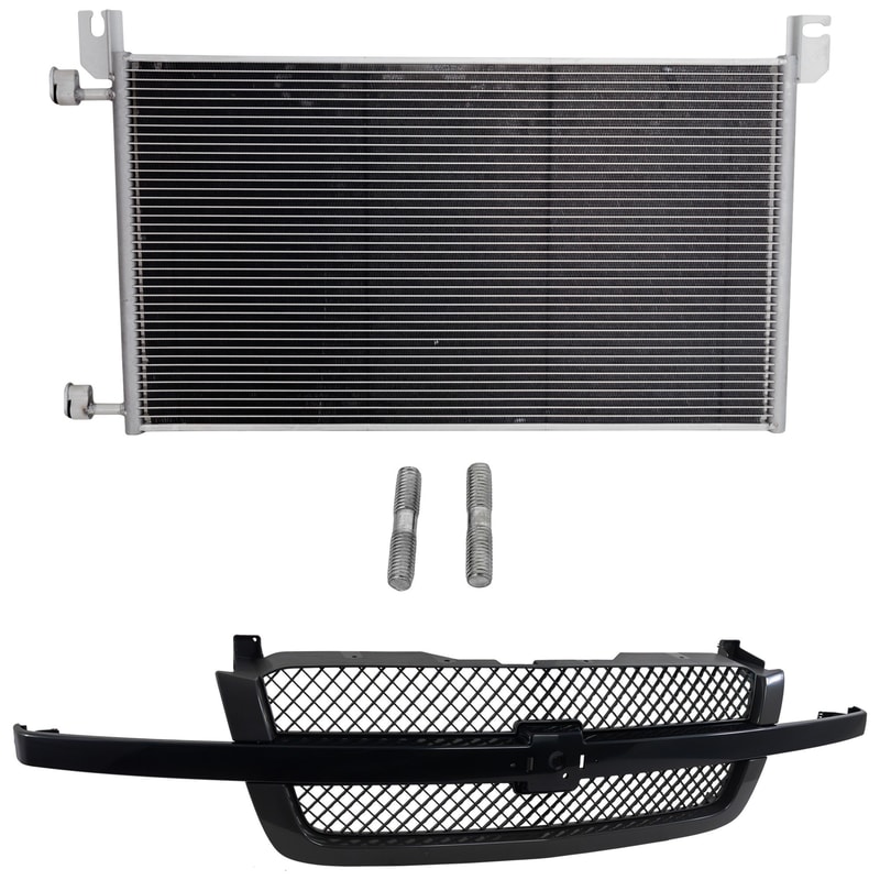 Grille Kit for 2004 Chevrolet Silverado 1500, 2-Piece Paintable Shell with Gray Mesh Insert, Includes Center Bar and A/C Condenser, Replacement