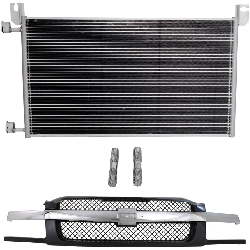 Grille Kit for Chevrolet Avalanche 1500/Avalanche 2500 2002-2006, 2-Piece, Painted Black Shell and Mesh Insert with Chrome Center Bar, A/C Condenser, Replacement