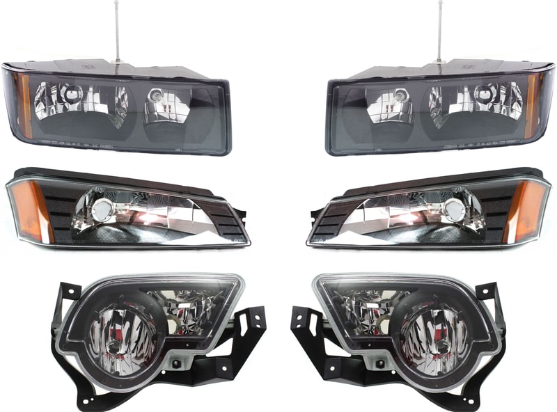 Headlight Assembly Kit for 2002-2006 Chevrolet Avalanche 1500/2500, Right (Passenger) and Left (Driver), Halogen, 6-Piece kit, with Fog and Turn Signal Lights, Replacement