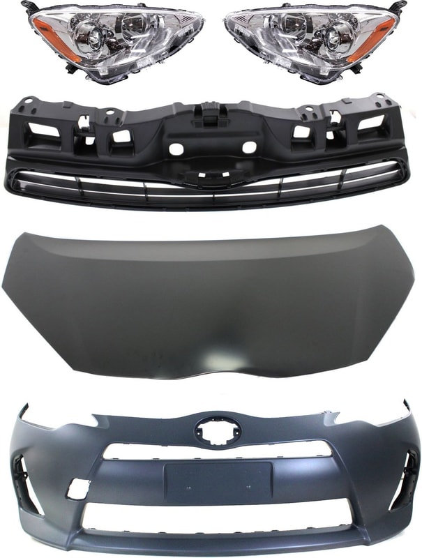 Headlight Assembly Kit for Toyota Prius C 2012-2014 with Right (Passenger) and Left (Driver) Halogen Lights, 5-Piece Set with Bumper Cover, Grille Assembly, and Hood Replacement