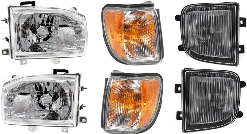 Fog Light Assembly Kit for 1999-2004 Nissan Pathfinder, 6-Piece, Halogen, includes Right (Passenger) and Left (Driver) Corner Light and Headlight, Replacement