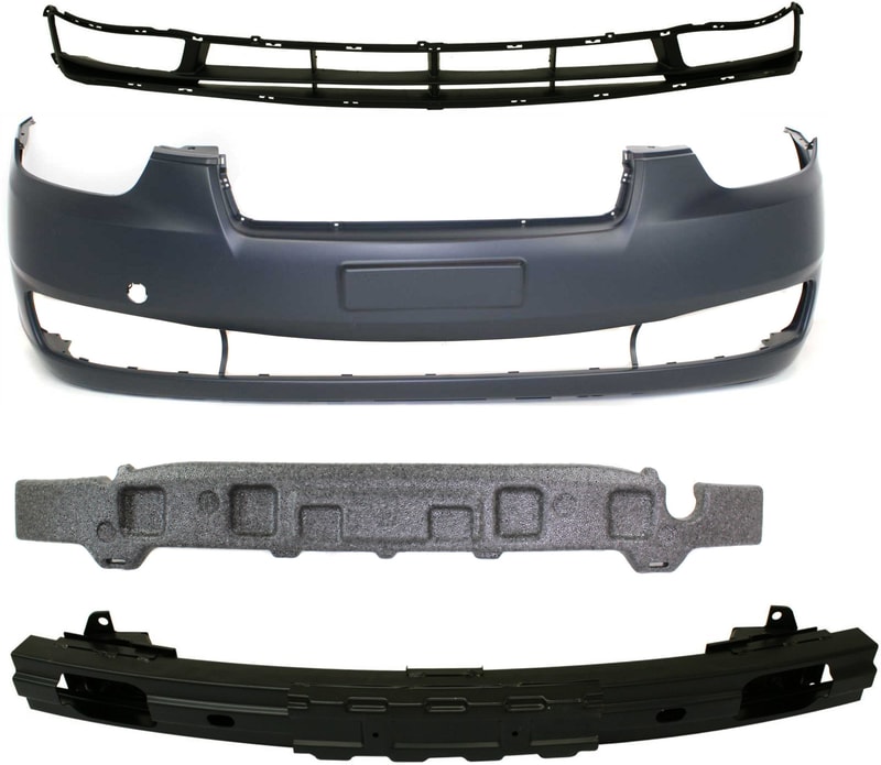Front Bumper Cover Kit for 2006-2011 Hyundai Accent, 4-Piece Set with Bumper Absorber, Bumper Grille, and Bumper Reinforcement, Replacement