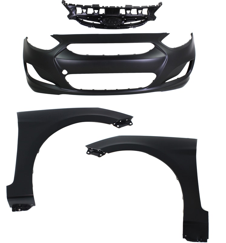 Front Bumper Cover Kit for 2012-2013 Hyundai Accent, Primed (Ready to Paint), 4-Piece with Grille and Fenders, Replacement