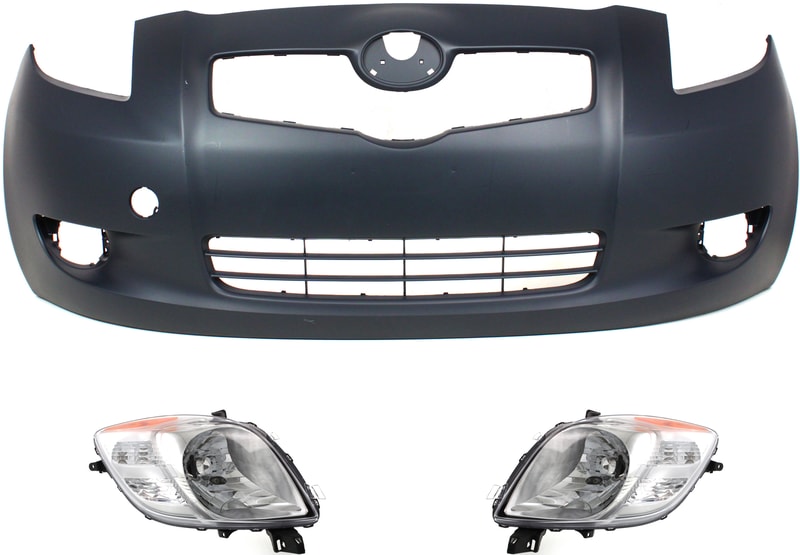 Headlight Kit for 2007-2008 Toyota Yaris: Right (Passenger), Left (Driver) Lenses and Housings, Halogen, with 3-Piece Bumper Cover, Replacement