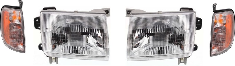 Headlight Kit for Nissan Frontier 1998-2000, Right (Passenger) and Left (Driver), with Bulbs, 4-Piece Set, includes Corner Lights, Replacement