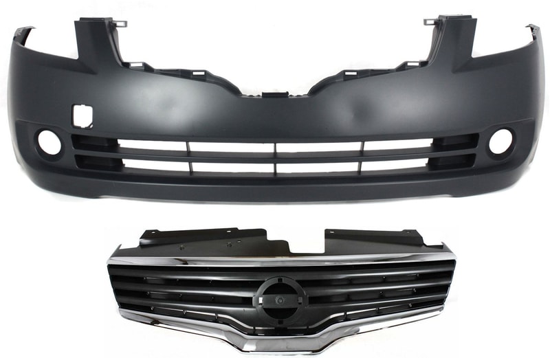 Grille and Bumper Cover for 2007-2009 Nissan Altima Sedan, 2-Piece Kit, Replacement