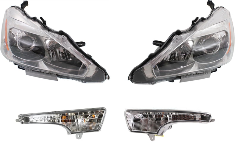 Headlight Assembly Kit for 2013-2015 Nissan Altima, Right (Passenger) and Left (Driver), Halogen 4-Piece with Turn Signal Lights, Replacement