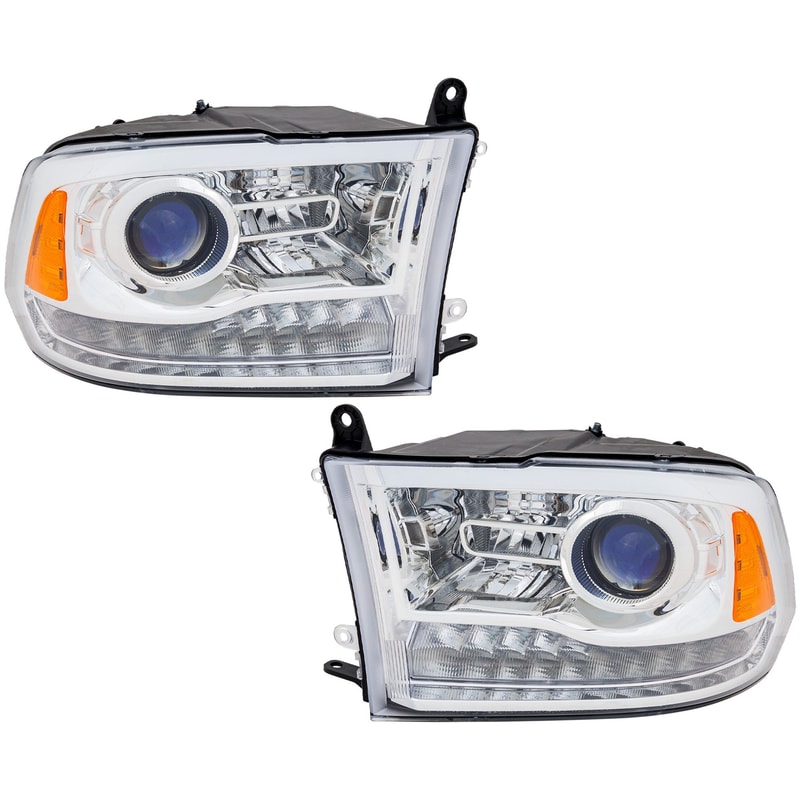 Projector Headlight Assembly for Dodge Ram Full Size P/U 2009-2012, Right (Passenger) and Left (Driver), Halogen, Chrome Interior, Without Quad Lights, Code LMA, Replacement