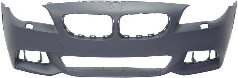 Front Bumper Cover for BMW 5-Series 2014-2016 Sedan, Primed (Ready to Paint), with M Package, without Park Distance Control Sensor Holes, Replacement Models: 528i, 535i, 550i.