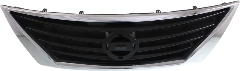 Grille for Nissan Versa Sedan 2012-2014, Textured Gray Shell and Insert with Chrome Trim, Replacement