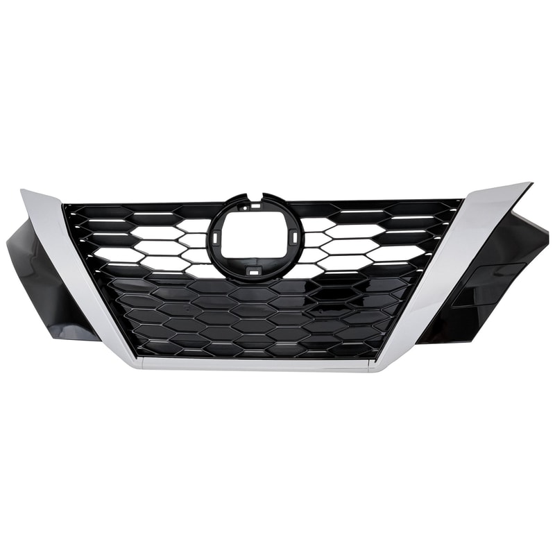 Grille for 2020-2023 Nissan Sentra, Black Shell with Chrome Insert, Smoke Black Molding, with Camera Hole, Replacement