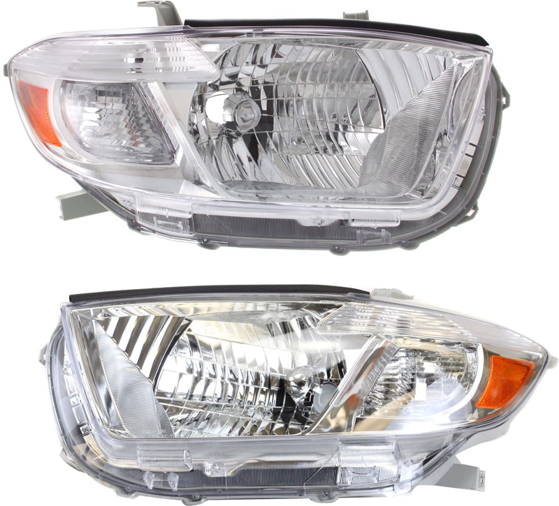 Headlight Pair/Set for 2008-2010 Toyota Highlander, Right (Passenger) and Left (Driver) Side, Lens and Housing, Halogen Replacement