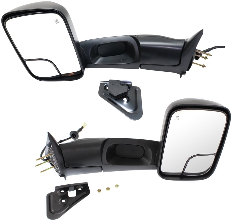 Towing Mirror Pair/Set for Dodge Ram 1500 Pickup 1998-2001, Ram 2500/3500 Pickup 1998-2002, Right (Passenger) & Left (Driver), Power, Manual Folding, Heated, Textured, with Bracket, Replacement