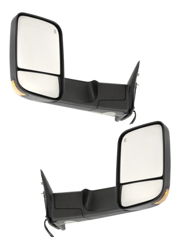 Towing Mirror Pair/Set for Dodge RAM1500/2500/3500 Pickup 2010-2012, Right (Passenger) and Left (Driver), Power, Manual Folding, Heated, Textured, with Signal Light, without Auto-Dimming, BSD, and Memory Replacement
