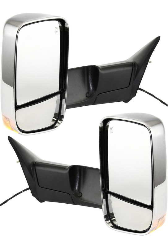 Towing Mirror Pair/Set for Dodge Full-Size Pickup 2010-2010 & Ram Full-Size Pickup 2011-2011, Right (Passenger) and Left (Driver), Power, Manual Folding, Heated, Chrome, without Auto-Dimming, with Blind Spot Detection and In-Housing Signal Light, includes Memory Feature, Replacement
