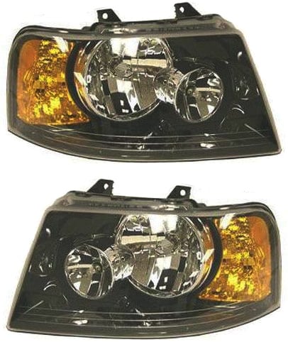 Headlight Assembly Pair/Set for Ford Expedition 2003-2006, Right (Passenger) and Left (Driver), Halogen, Black Interior, Replacement