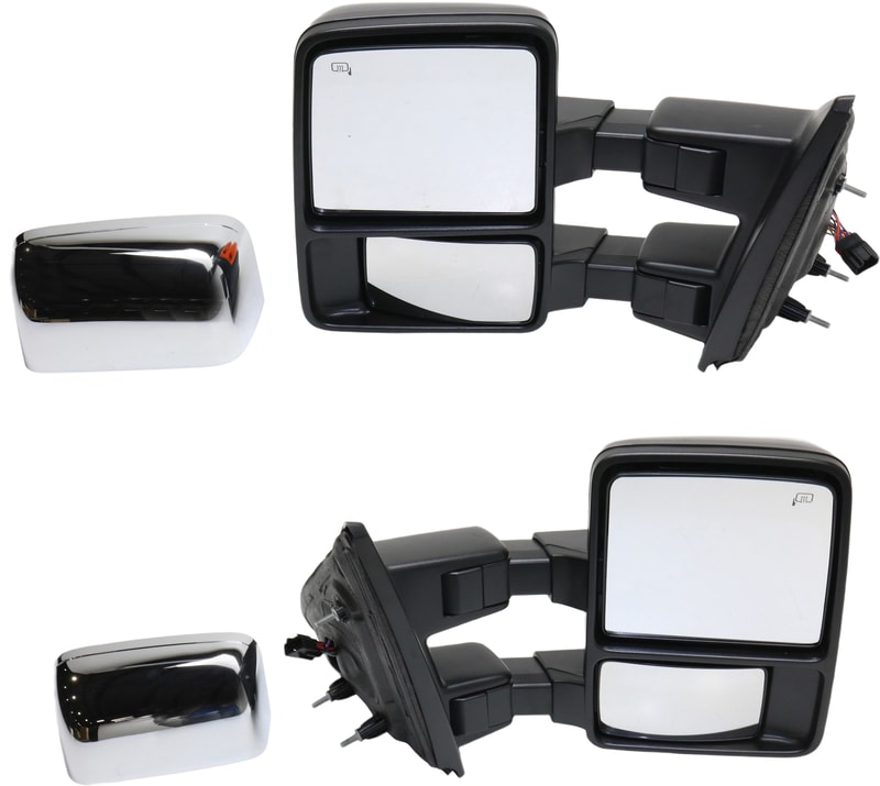 Towing Mirror Pair/Set for Ford F-150 2013-2014, Right (Passenger) and Left (Driver), Power Adjusting, Power Folding, Heated, Chrome/Paintable, 2 Caps, with Memory and Signal Light, Excludes SVT Raptor Model, Replacement