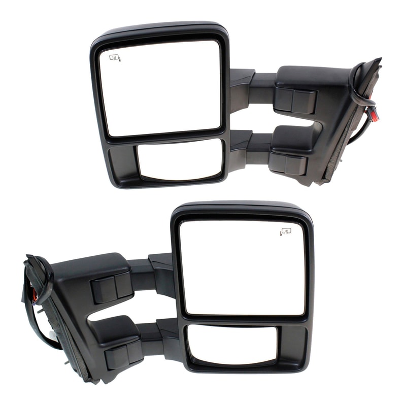 Towing Mirror Pair/Set for Ford F-Series Super Duty 2008-2009 w/ Power, Power Folding, Heated, Textured, Auto Extend, Signal Light, Side Marker, No Memory, Left (Driver) & Right (Passenger) - Replacement