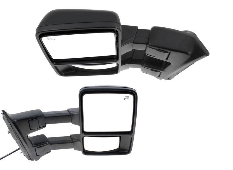 Towing Mirror Pair/Set for 2010 Ford F-Series Super Duty, Right (Passenger) and Left (Driver), Power Folding, Heated, Without Memory, With Signal Light, Auto Extended, with 2 Caps (Chrome/Paintable)- Replacement 