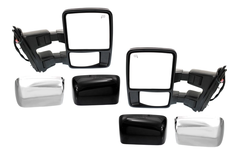 Towing Mirror Pair/Set for 2008-2009 Ford F-Series Super Duty, Right (Passenger) and Left (Driver), Power, Power Folding, Heated, Available to Paint, Chrome, 2 Caps, Automatic Extend, Memory with Signal Light Replacement