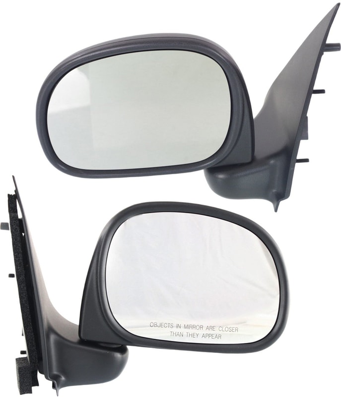 Mirror Pair/Set for Ford F-150 1997-2002, F-250 1997-1999, Right (Passenger) and Left (Driver), Non-Towing, Manual Adjust, Manual Folding, Non-Heated, Textured Paddle Style, To 2-11-02, All Cab Types, Replacement