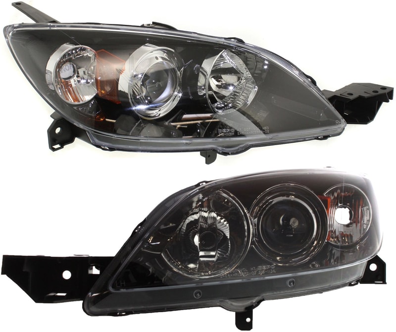 Headlight Pair/Set for Mazda 3 Hatchback 2004-2009, Right (Passenger) and Left (Driver), Lens and Housing, Halogen Replacement