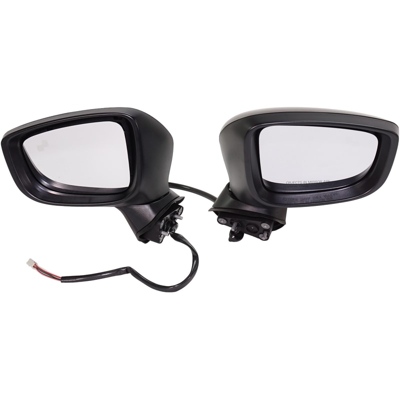 Mirror Pair/Set for 2014-2016 Mazda 3 Japan Built Vehicle, Right (Passenger) and Left (Driver), Power, Manual Folding, Non-Heated, Paintable, with Blind Spot Detection, without Signal Light, Hatchback/Sedan, Replacement.
