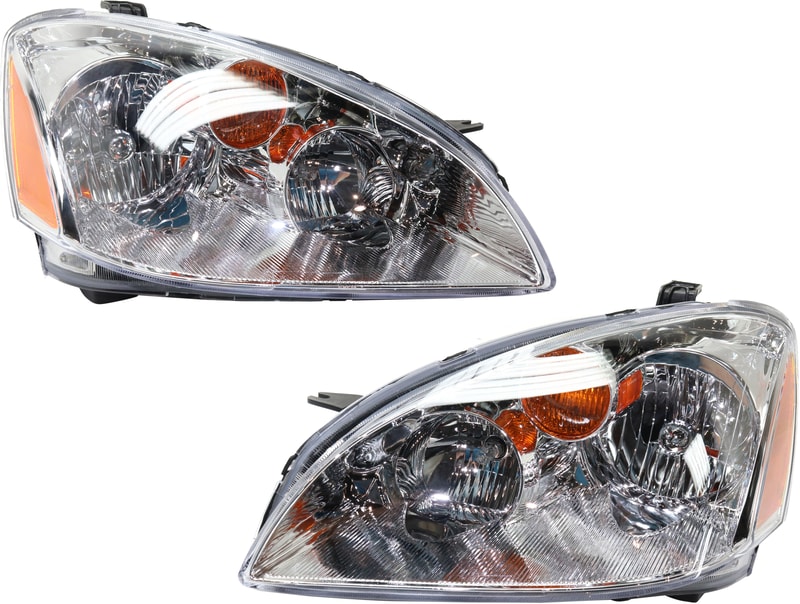 Headlight Assembly Pair/Set for Nissan Altima 2002-2004, Right (Passenger) and Left (Driver), Halogen, Reflector Type, High and Low Beam Bulb Included, without Turn Signal Bulb, Replacement