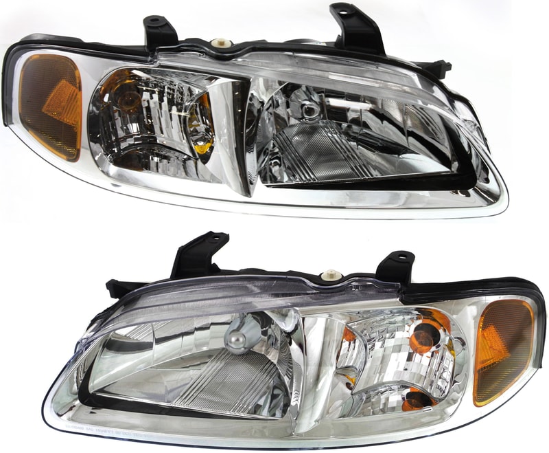 Headlight Assembly Pair/Set for 2002-2003 Nissan Sentra CA/GXE/XE/Limited Models, Halogen, Right (Passenger) and Left (Driver), w/ Chrome Trim - Replacement