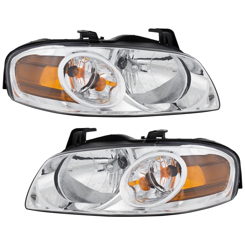 Headlight Assembly Pair/Set for 2004-2006 Nissan Sentra Base/S Models, Right (Passenger) and Left (Driver), Halogen, Chrome Interior, Replacement