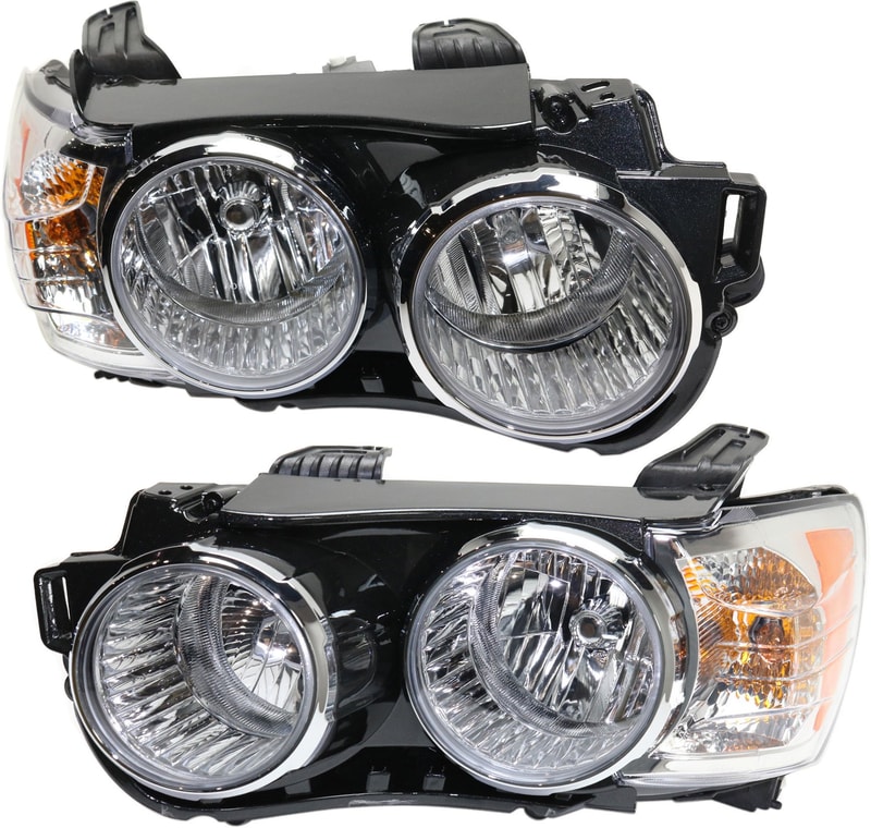 Headlight Assembly Pair/Set for Chevrolet Sonic 2012-2016, Right (Passenger) and Left (Driver), Halogen, Black Interior, with Chrome Bezel, Applicable to Hatchback and Sedan LTZ without Dusk Package, Replacement