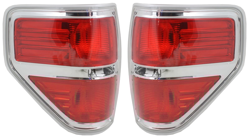 Tail Light Pair/Set for Ford F-150 2009-2014 Right (Passenger) and Left (Driver), Lens and Housing, Styleside, Chrome Trim, (Excludes FX2 Model) Replacement