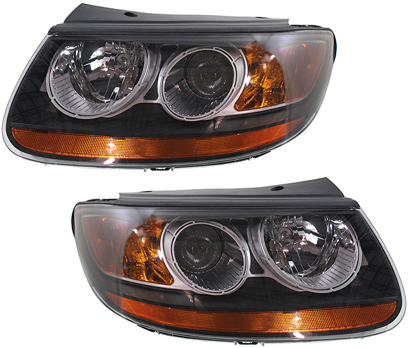 Headlight Assembly Pair/Set for Hyundai Santa Fe 2007-2008, Right (Passenger) and Left (Driver), Halogen, w/ 2 Plug-In Connector, To 7-11-2007, Replacement