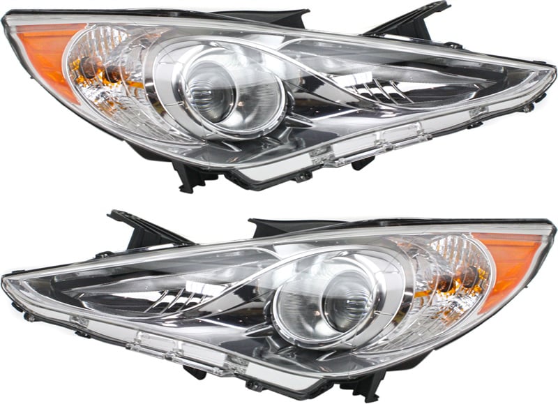 Headlight Assembly Pair/Set for Hyundai Sonata 2011-2014, Right (Passenger) and Left (Driver), Halogen, Type 2, Chrome Bezel, Excludes Hybrid Model, Replacement