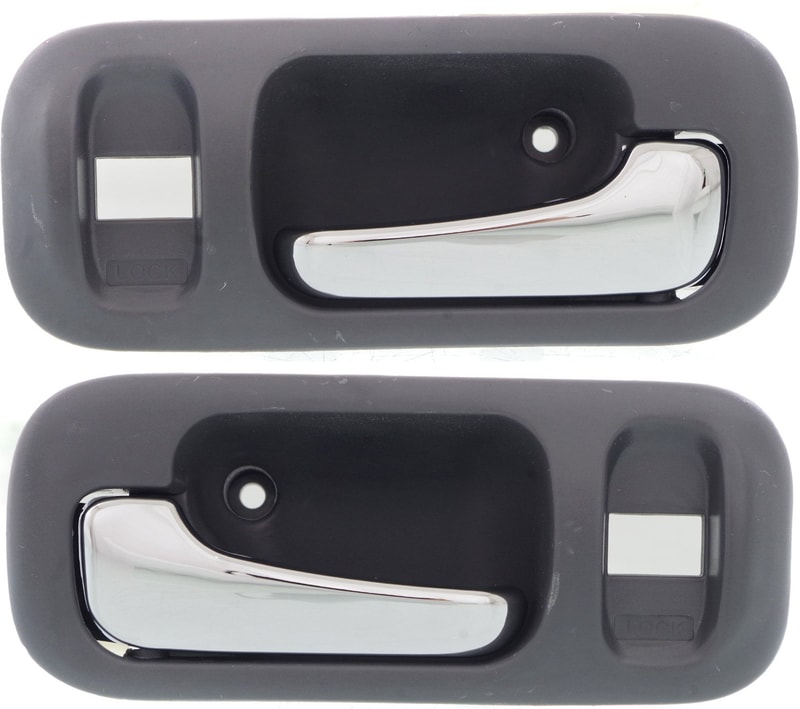 Front Door Handle Pair/Set for Honda Odyssey 1995-1998, CR-V 1997-2001, Right (Passenger) and Left (Driver), Inside, with Lock Hole, Chrome Lever + Gray Bezel, Plastic, Replacement