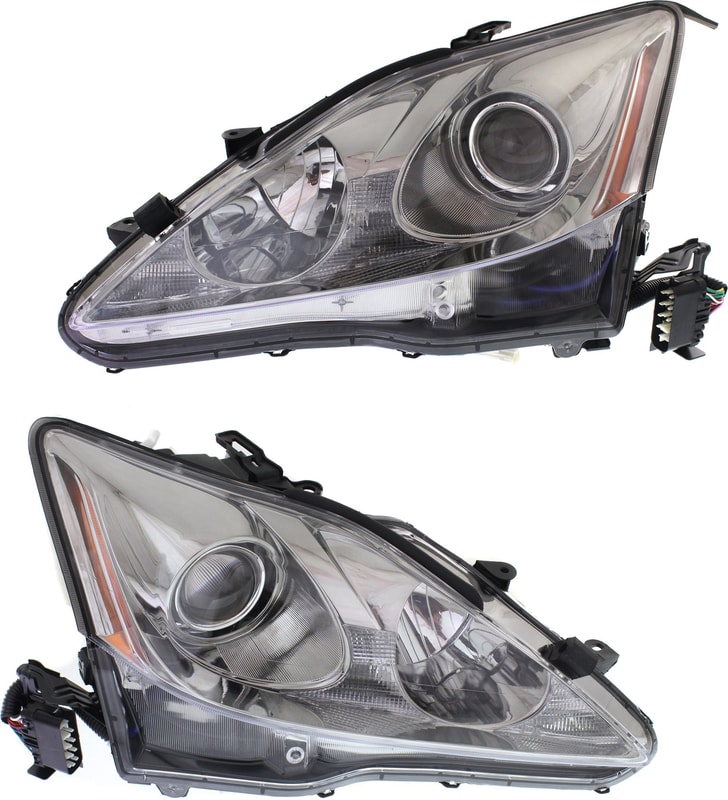 Headlight Pair/Set for 2006-2008 Lexus IS250/IS350, Right (Passenger) and Left (Driver), Lens and Housing, Xenon, Excludes C Models, Without HID Pair/Set, With Auto Leveling Lights, Replacement