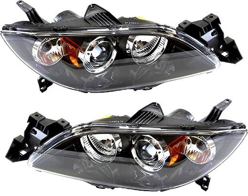 Headlight Lens and Housing Pair/Set for 2004-2006 Mazda 3 Sedan, Right (Passenger) and Left (Driver), Xenon, Without HID Pair/Set, Replacement