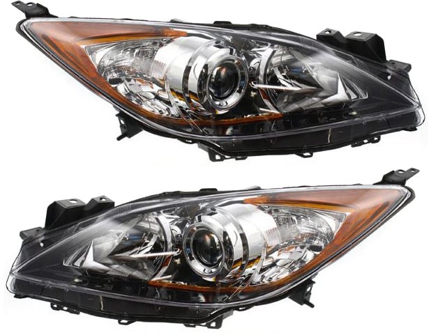 Headlight Pair/Set for 2010-2013 Mazda 3 Hatchback/Sedan, Includes Right (Passenger) and Left (Driver) Lens and Housing, Halogen, 5 Speed Transmission Replacement