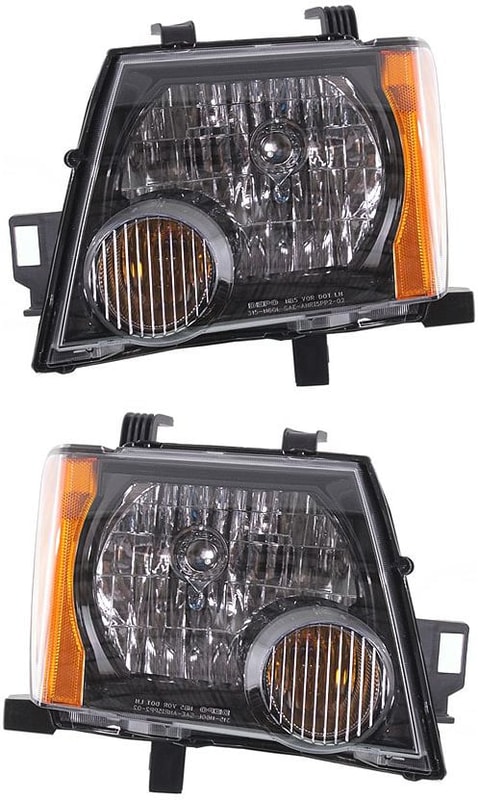 Pair/Set - Headlight Assembly for Nissan XTERRA 2009-2015, Right (Passenger) and Left (Driver), Halogen, Black Interior, S/X Models Replacement