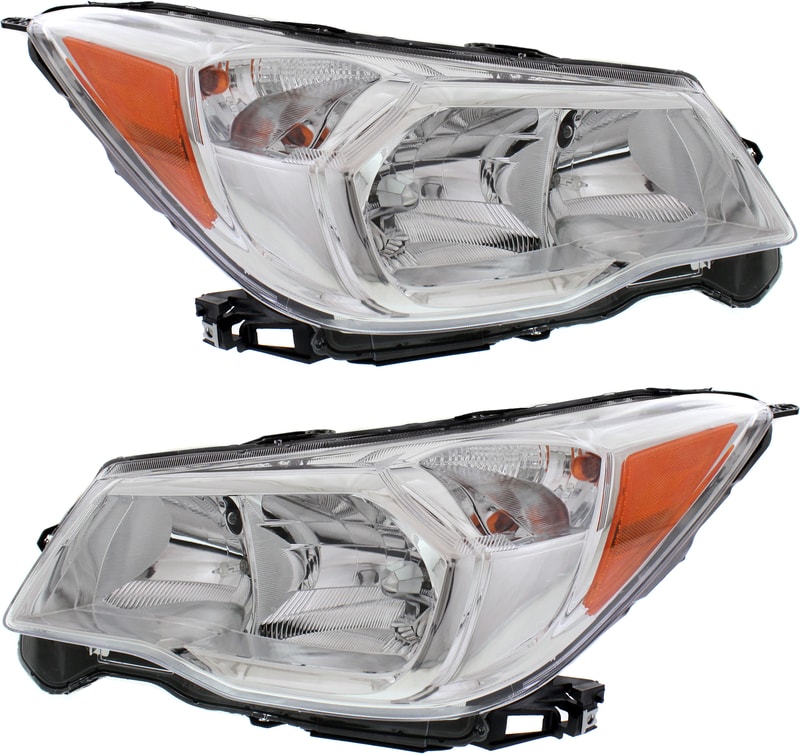 Headlight Assembly Pair/Set for 2014-2016 Subaru Forester, Right (Passenger) and Left (Driver) Side, Chrome Bezel, Halogen, 2.5L Engine, Replacement