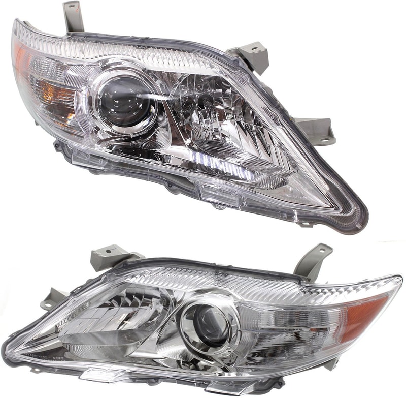 Headlight Assembly Pair/Set for 2010-2011 Toyota Camry Base/LE/XLE Models, USA Built Vehicle, Right (Passenger) and Left (Driver), Halogen, Chrome Interior, Replacement